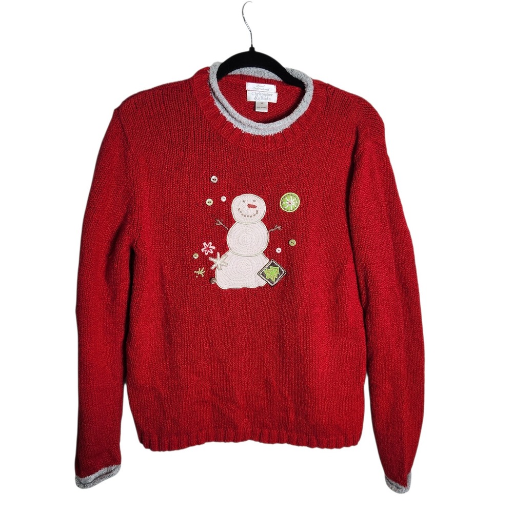 Christopher & Banks Red Snowman Embroidered Sweater Womens Medium Holiday